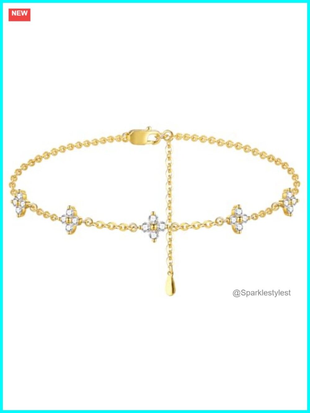 14K Gold Plated Moissanite Clover Bracelet Adjustable Dainty